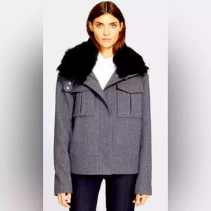 Theory Glormarie grey black Wool Jacket detachable Real Lamb fur collar sz PS